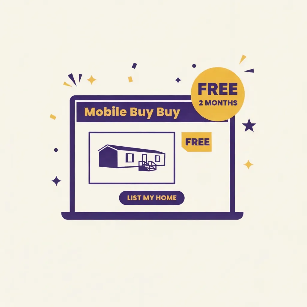 Illustration of a laptop displaying a Mobile Buy Buy marketplace listing with a free 2-month badge